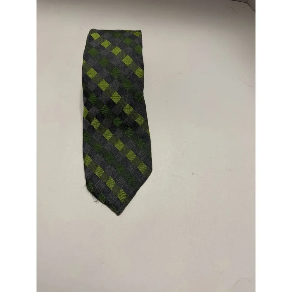 Croft & Barrow Mens Silk Blend Geometric Check Necktie Green Grey Hand Made